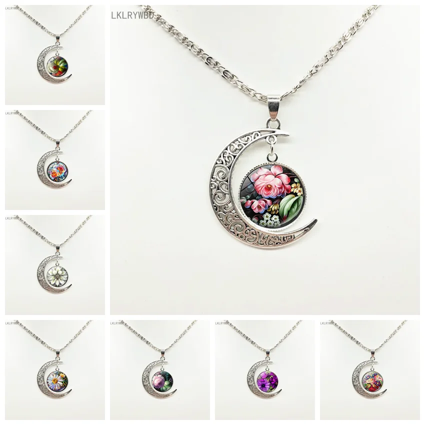 

Vintage Art Flowers Flower Moon Necklace High Fashion Jewelry Silver Glass Pendant Necklace Fashion Jewelry Gifts