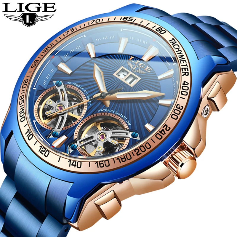 Автоматические Мужские часы LIGE новые спортивные мужские Модные с двойным