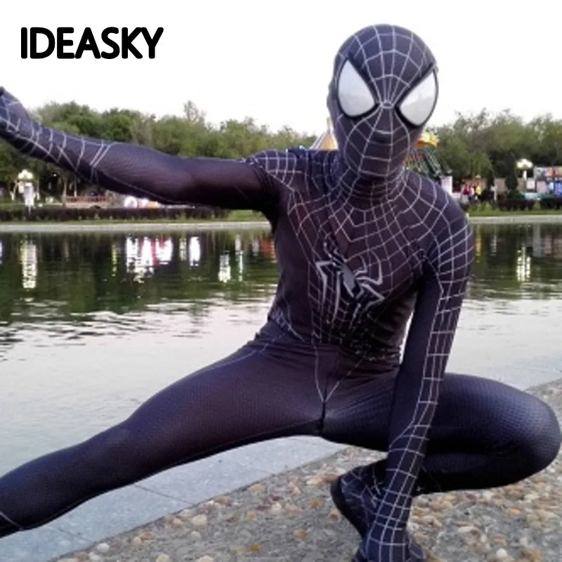 Черный костюм Человека паука для взрослых спандекс 3d детская маска Хэллоуина на