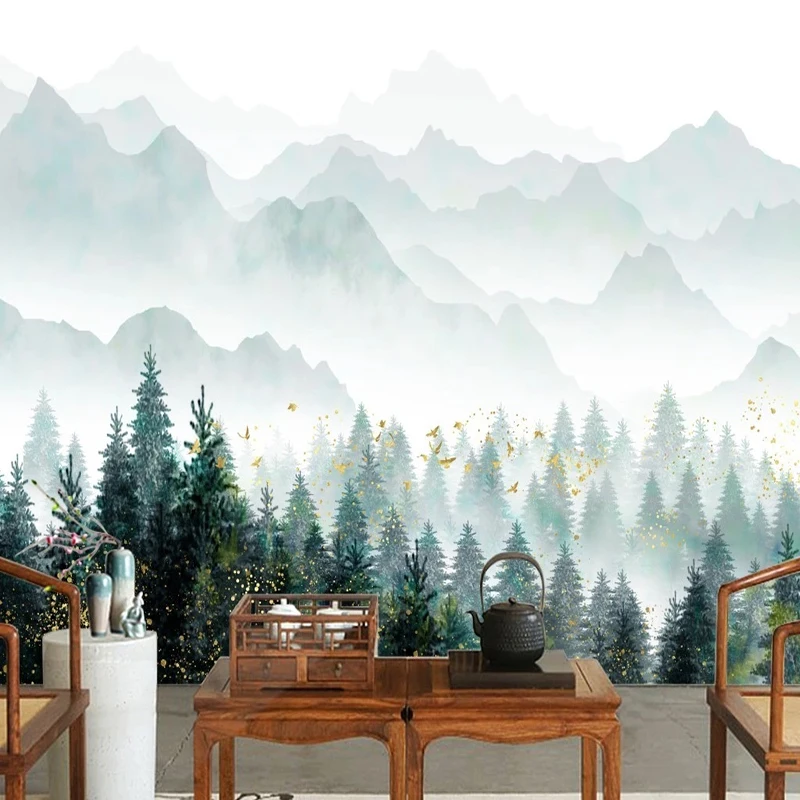 

Custom Any Size Waterproof Wallpaper Chinese Style Forest Cedar Mountains Birds Photo Wall Mural Papel De Parede 3D Wall Sticker