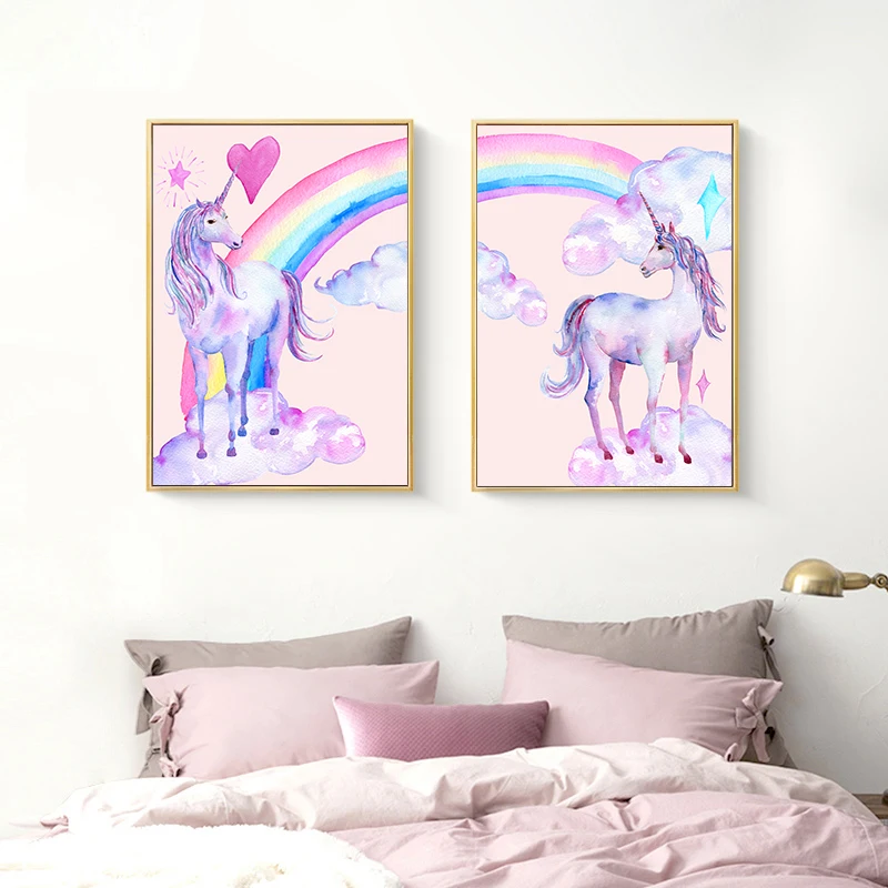 

Canvas Painting Rainbow Unicorn Posters And Prints Watercolor Pegasus Style Kids Decor Wall Art Decorative Picture Nordic