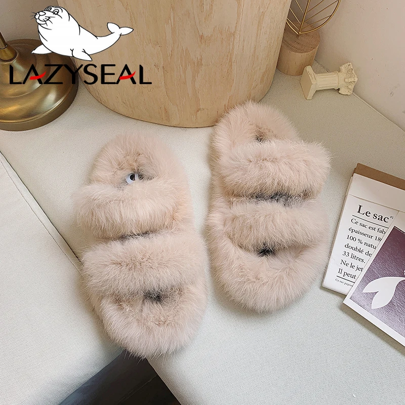 LazySeal/женские тапочки с натуральным мехом новые тапочки их меха под кролика домашние Шлепанцы женские пушистые домашние вьетнамки