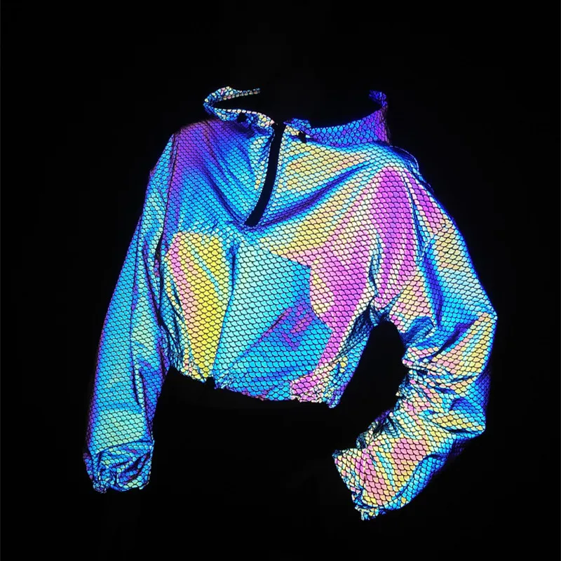 

Красочная Светоотражающая Женская толстовка короткий топ с длинным рукавом пуловер Короткие куртки 2021 Весенняя светоотражасветильник Кая...