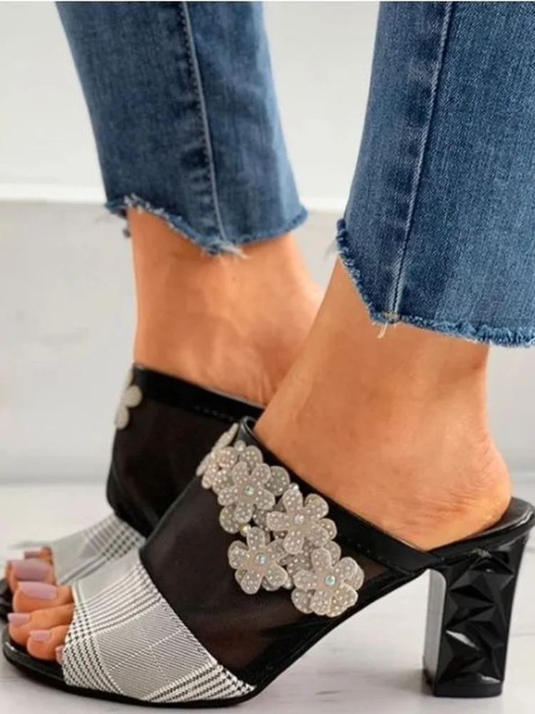 

2021 Women's Sandals New Fashion Versatile Flower High Heel Slip-on Modern Sandals Casual Elegant Office Ladies Shoes 5KE172