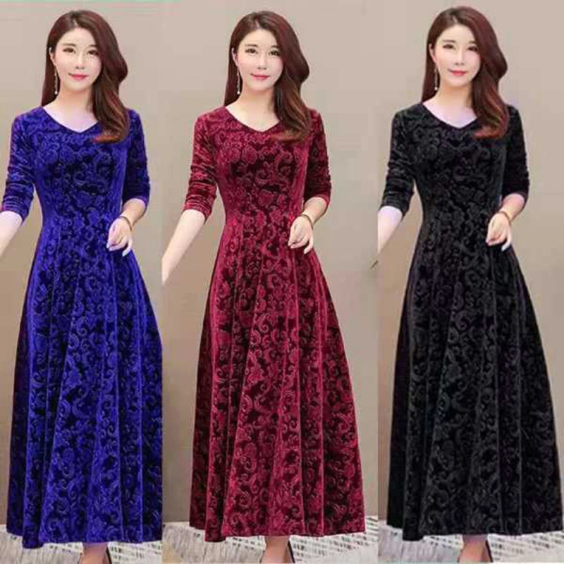 

Women's Velvet Long Skirt Dress Long Sleeve Cocktail Party Prom Dress Elegant Ball Gown Maxi Cocktail Solid Color V Neck Dress