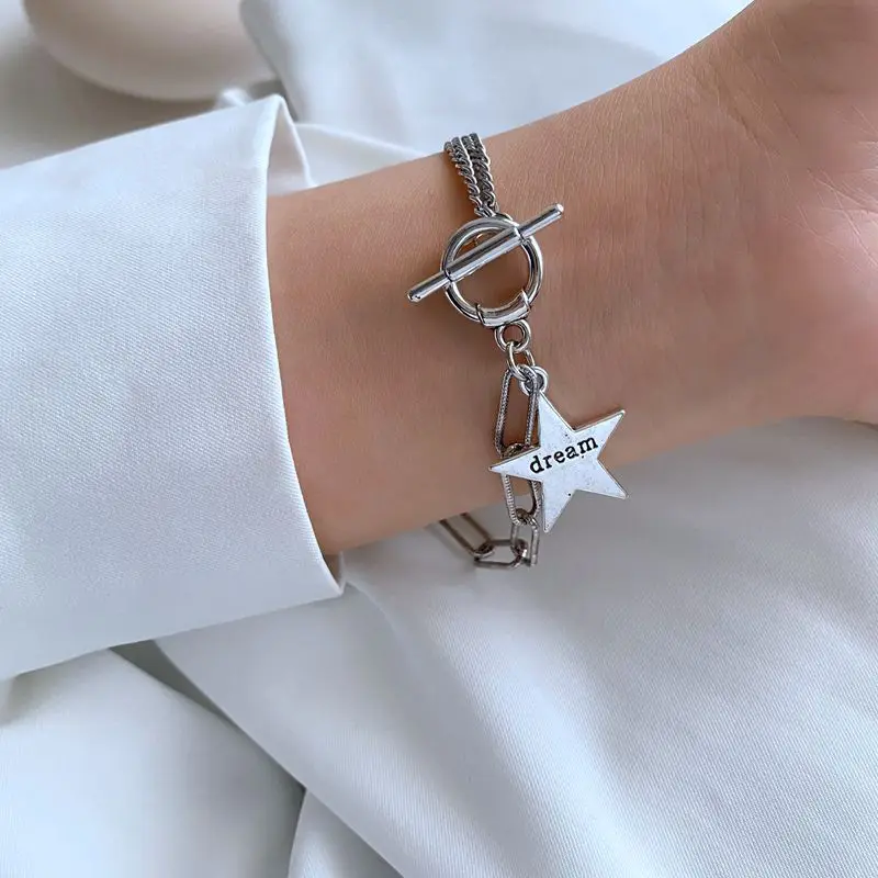 

Retro Silver Color Chunky Chain Bracelets Women Charm Thick Alloy Link Steampunk Smiley Handcuff Bracelets Friend Couple Jewelry