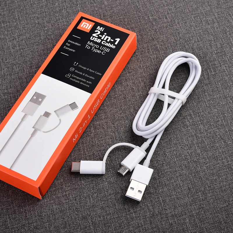 Оригинальный кабель Xiaomi 2 в 1 100 см USB Micro USB/Type C для быстрой зарядки MI 10 9 8 Pro Redmi Note 9s 9c