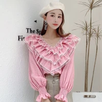 elegant blouse women puff sleeve v neck lace patchwork 2021 spring fashion loose office lady ruffled shirts blusas trendy top