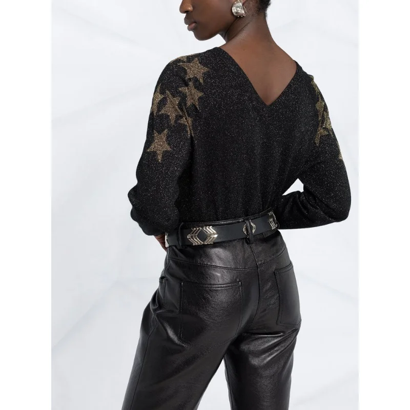 

Women Stars V-Neck Knitted Sweater Ladies Long Sleeve 2021 New Ladies Thin Jumper Female Knitwear Pullover Tops