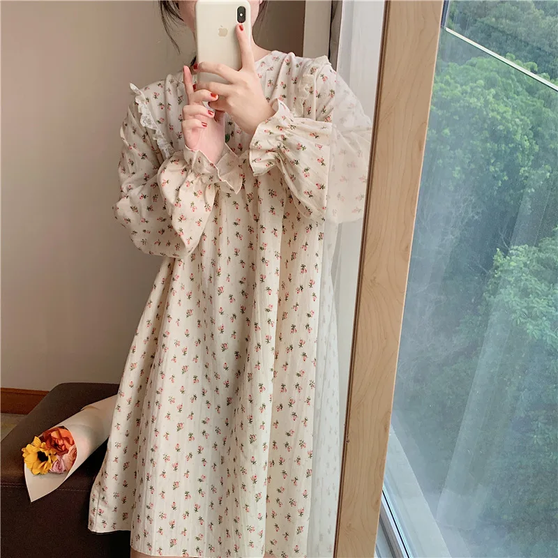 Spring Autumn New Korean Lovely Floral Nightdress Women Cotton Lace Long Sleeve Princess Wind Nightgown Home Wear Sleepwear