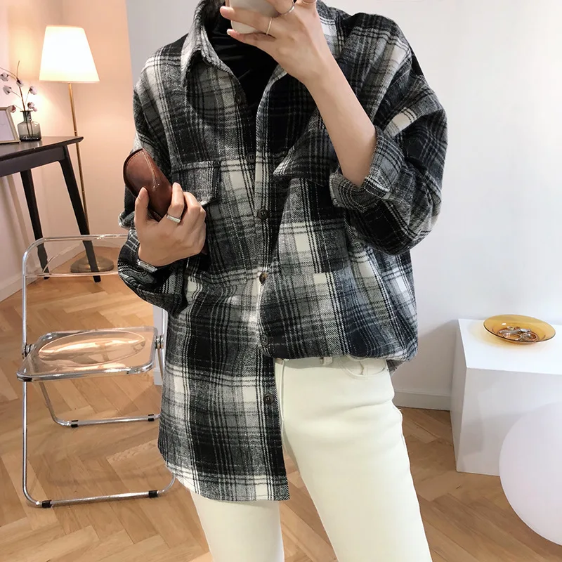 

Boyfriend Shirts Blouse Tops Winter Women Thickening Shirts Plaid Orange Gray