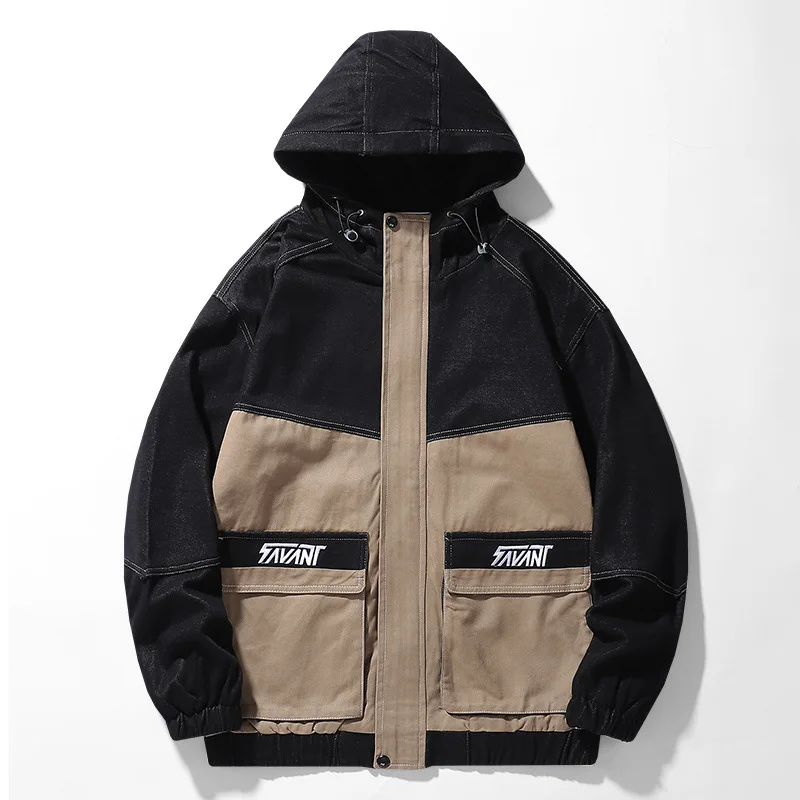 

Men's Fashion Pure Cotton Color-blocking Loose Hooded Jacket Spring and Autumn Tide Brand Men's Embroidered Work Jacket
