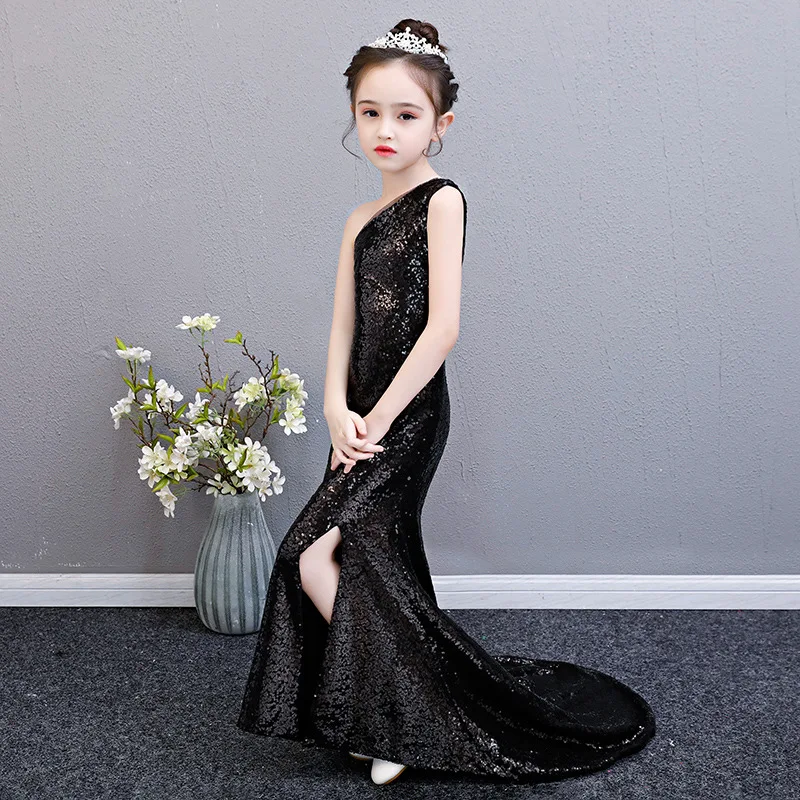 

Black Satin Sequin Mermaid Tail Child Graduation Gown Girls Party Prom Princess Dress 3 4 5 6 7 8 9 10 11 12 13 14 Years Old