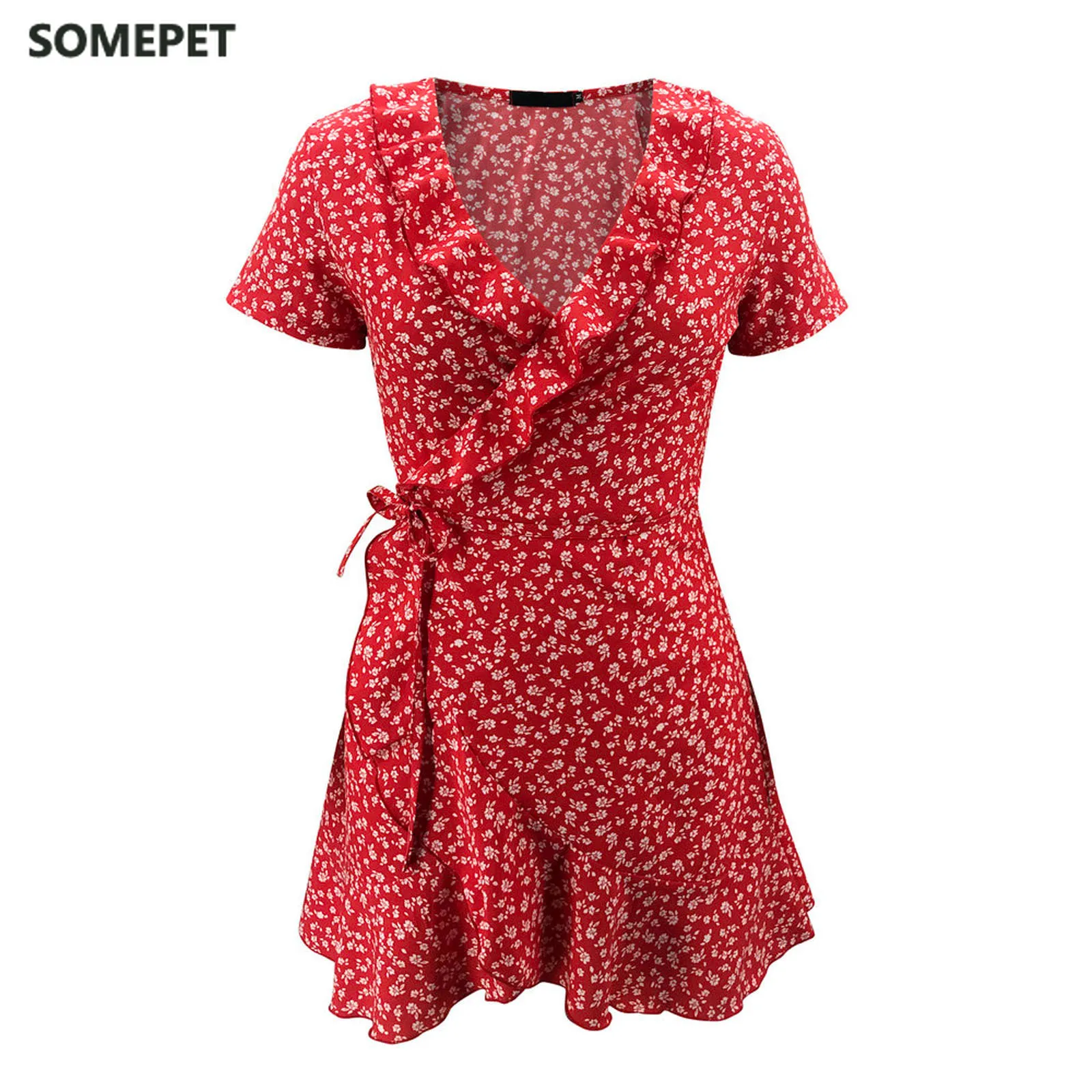 

Bohemian Beach Dress Summer Women's Summer Ruffled Chiffon Floral Dress Short Sleeve French Style Ladies Slim Waisted Vestidos