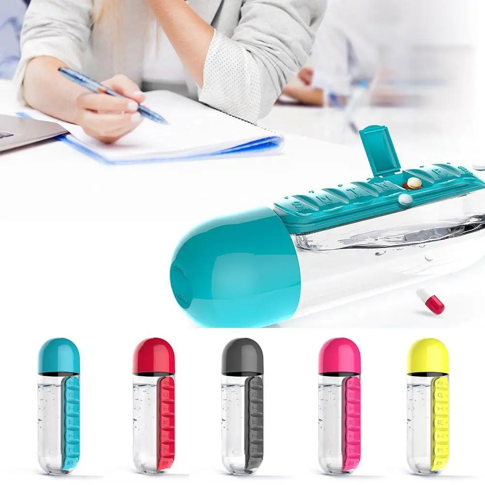 

Seven-day Pill case cup 600ml Plastic Sports Water Bottle Convenient With Daily Pill Box Organizer Drinking Tour Hiking Cup