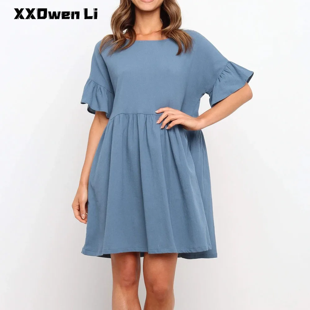 

Женское мини-платье с оборками, летнее повседневное свободное Плиссированное однотонное платье с круглым вырезом и расклешенными рукавами...