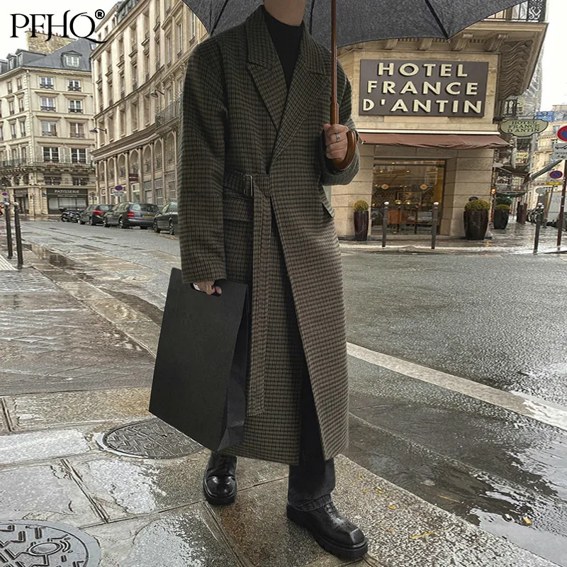 

PFHQ Autumn Winter New Plaid Fur Coat Men Korean Loose Medium Length Woolen Pocket Windbreaker Lapel Streetwear Elegant 21D5156