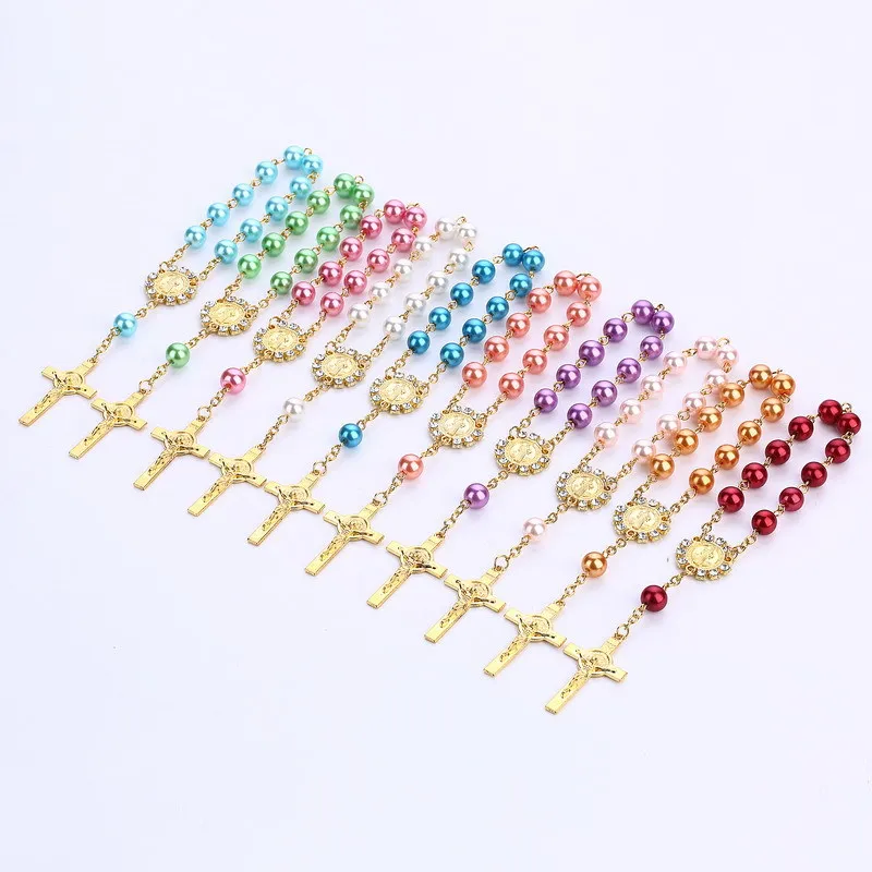 

New Fashion Trend Handmade 6 Colors Catholic Glass Pearl Prayer Beads Cross Rosary Bracelet Fashion Anniversary Gifts For Unisex
