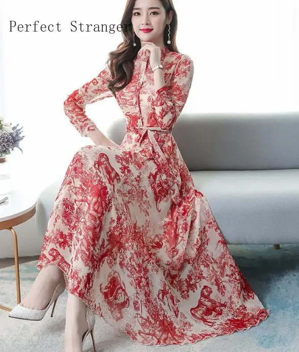 

2021 Spring New Arrival High Quality S-3XL Stand Collar Flower Printed Long Sleeve Women Chiffon Long Dress