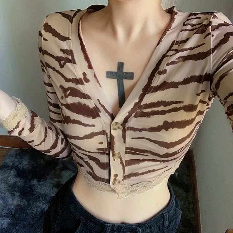 

Zebra Pattern V-neck Long-sleeved Single-breasted Sexy Top Y2k Nine-point Top Eccentric BM Personality Female T-shirt Woman Tops