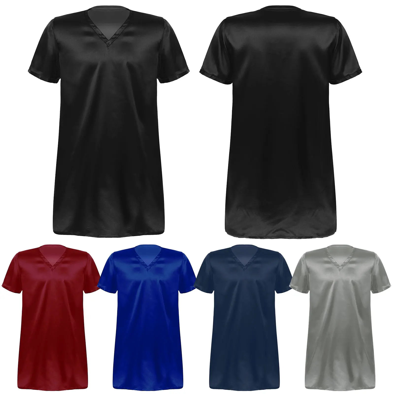 Men Satin Pyjama Sleep Tops Nightshirts Adult Summer Soft Solid Color V Neck Short Sleeve Sleepwear Casual Home Wear Nightwear