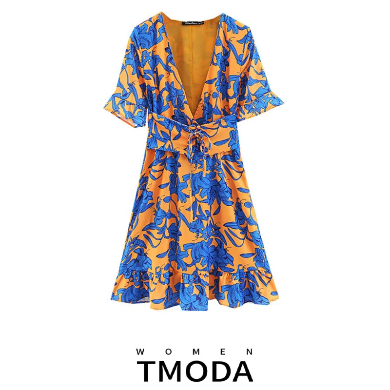TMODA308 Za богемное цветочное мини женское летнее платье с V-образным вырезом