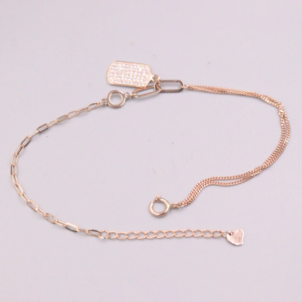

Pure 18K Rose Gold Bracelet Long Square Circle Wheat Link Chain Zircon Oblong Bracelet Woman Lucky Gift 2.2g