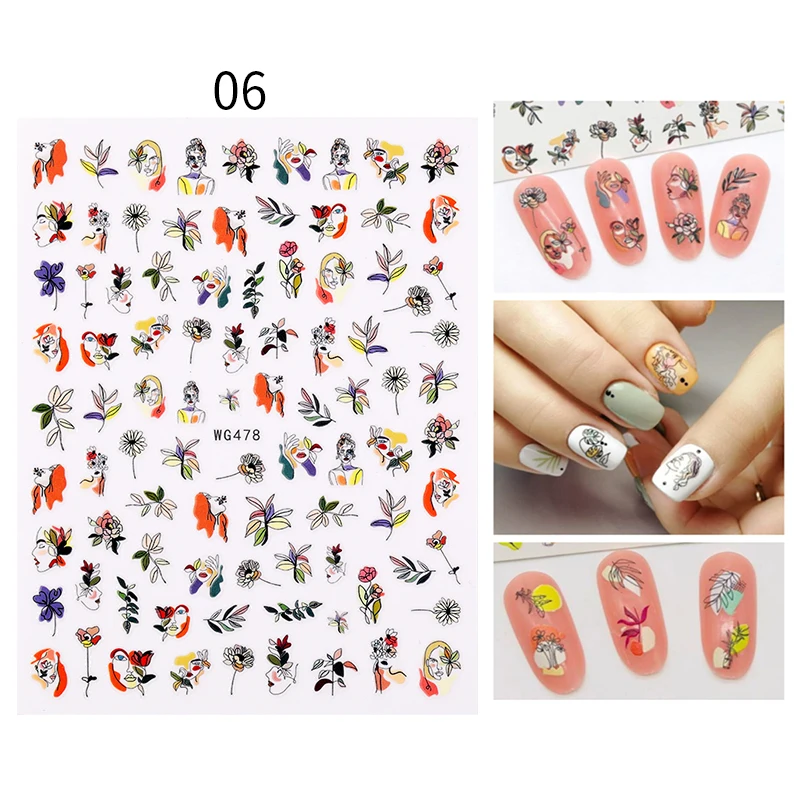 

1PC Face Pattern 3D Nail Stickers Spring Summer Theme Green Leaves Flower Decals Slider Colorful DIY Nail Art Decoration