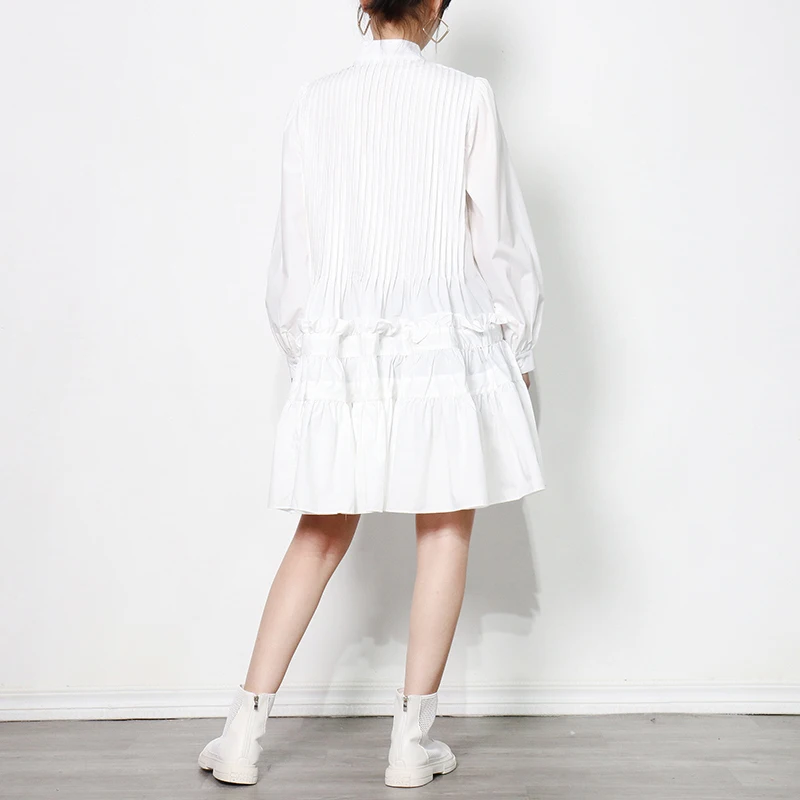 

TWOTWINSTYLE Pleated White Shirt Dress For Women Stand Collar Long Sleeve Casual Loose Dresses Female Fashion New Clothing 2021