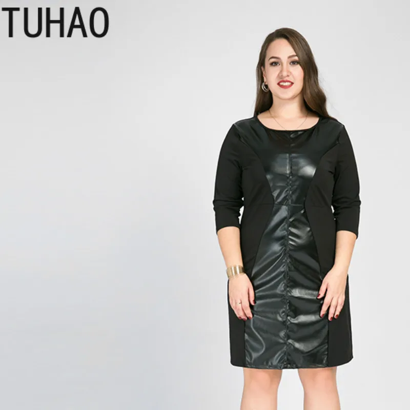 

TUHAO большой размер 8XL 7XL 6XL, лоскутное платье из искусственной кожи для мам, женское модное черное весеннее платье, женские офисные дамские платья для работы WM50