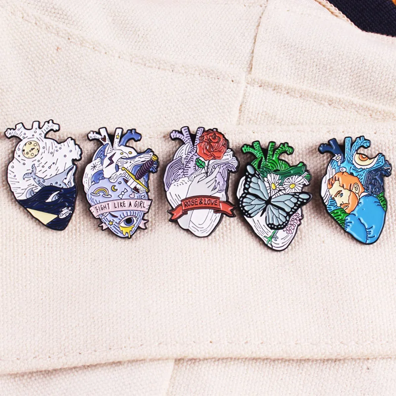 

Heart Shape Pins Custom Van Gogh Space Ocean Whale Rose Girl Power Brooch Lapel Pin Shirt Badge For Backpack Gift For Friends