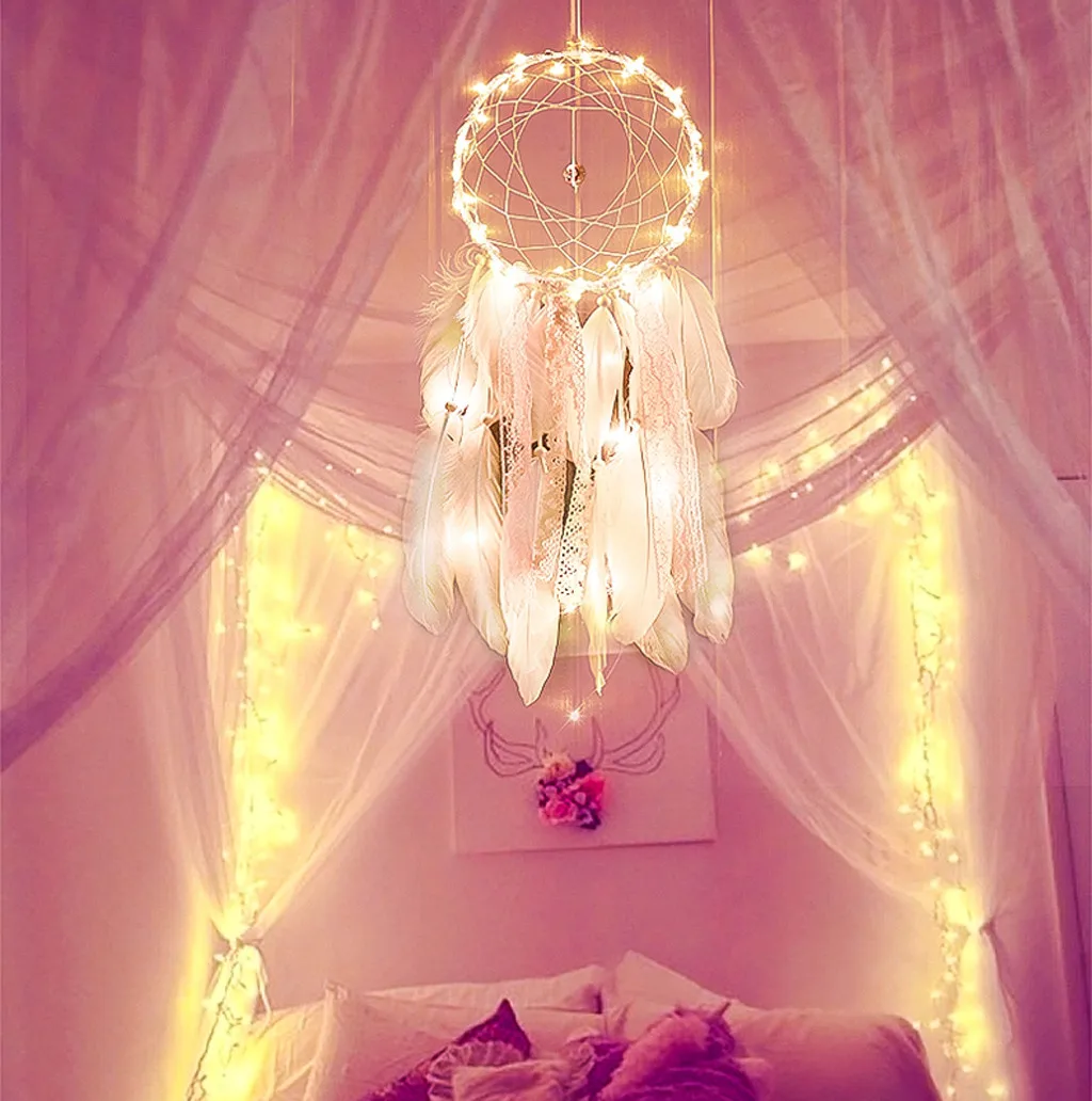 Ручная работа Ловец снов с подсветкой спальня перья светильник ильник
