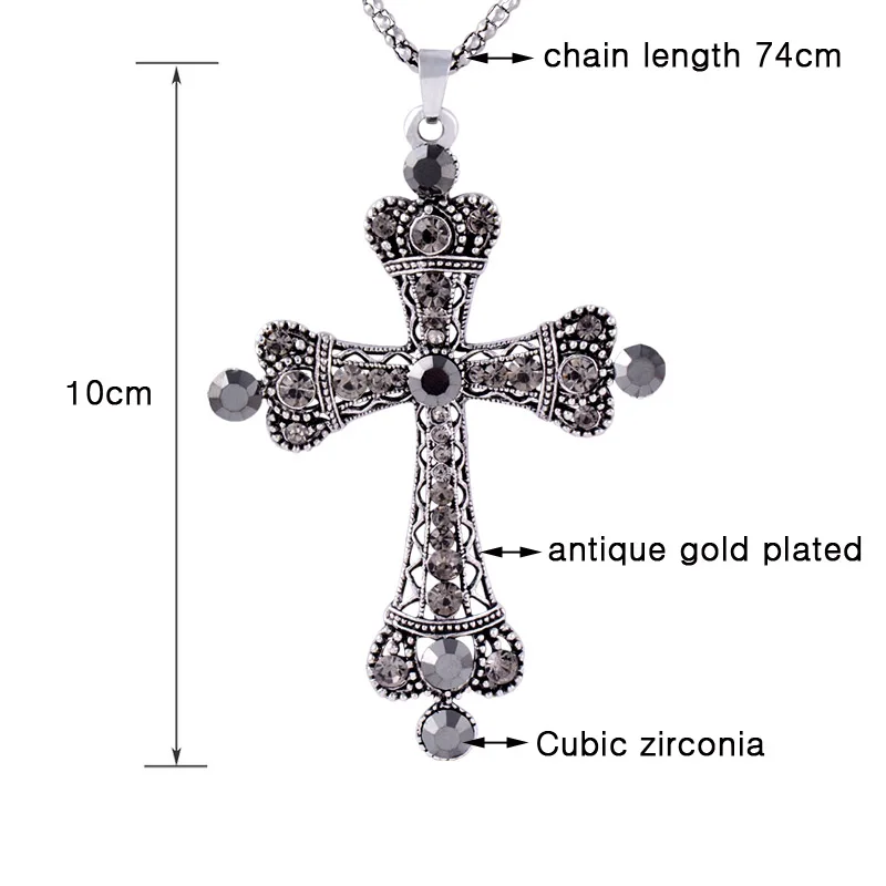

SINLEERY Vintage Black Acrylic Big Cross Pendant Long Necklace Antique Silver Color Chain Maxi Jewelry For Women Men My312 SSI