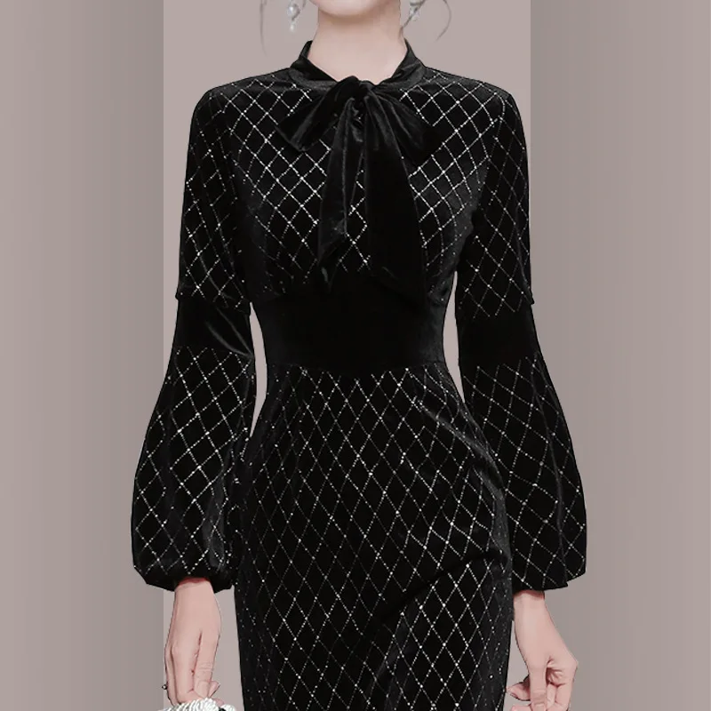 

Autumn and Winter Women's Black Velvet Dress Temperament Office Lady Bow Collar Lantern Sleeve Sheath Slim Dress Vestido Midi