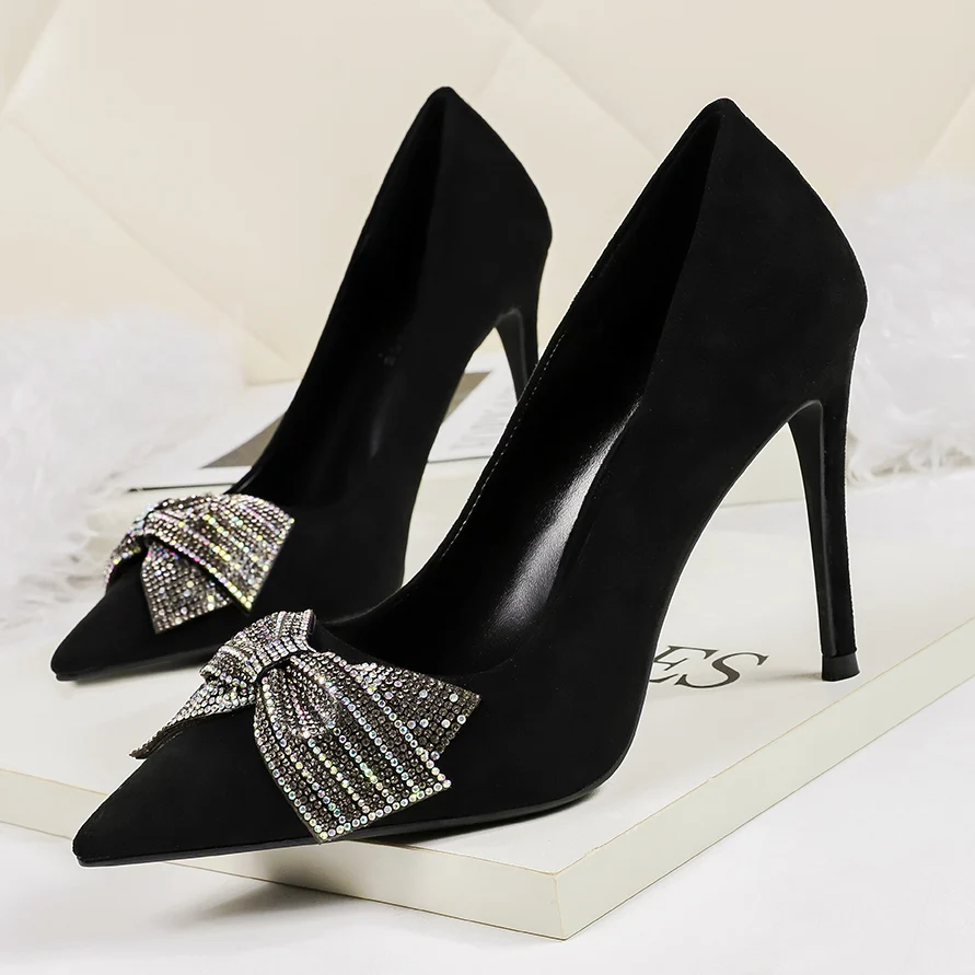 

2021 new spring single shoes rhinestone women bow pointed high heels women autumn all-match shallow mouth stiletto shoes 42 43