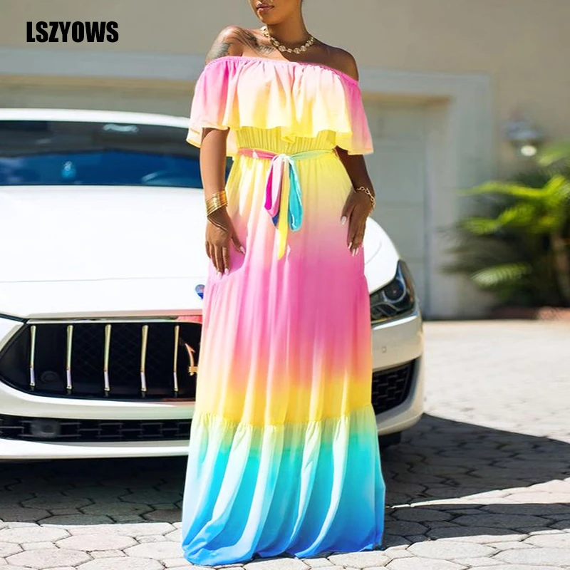 

Boho Beach Summer Dress Women Sundress Off Shoulder Gradient Color Ruffle Maxi Dress Elegant Female Long Party Dresses Vestidos
