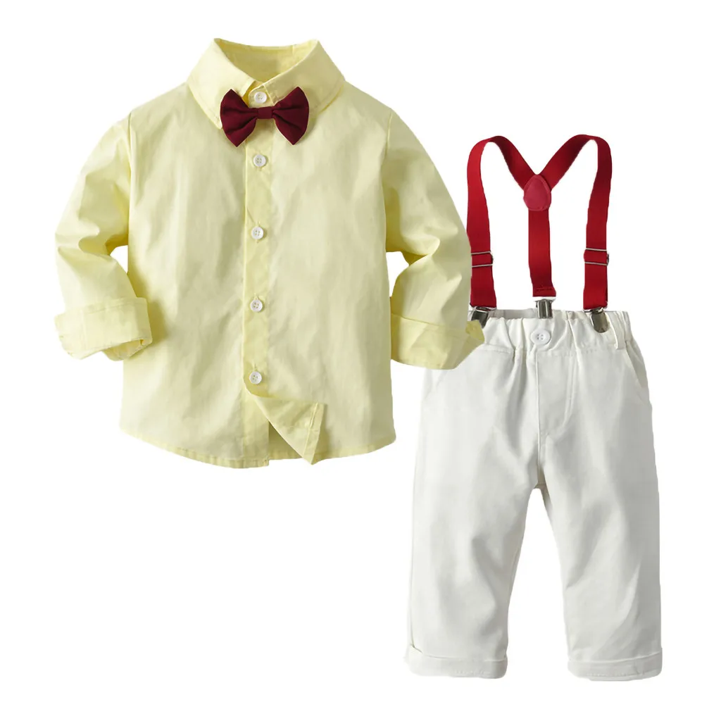 Boys Outfits Gentleman Bow Tie Striped T-Shirt Tops+Suspender Pants Y81 | Детская одежда и обувь