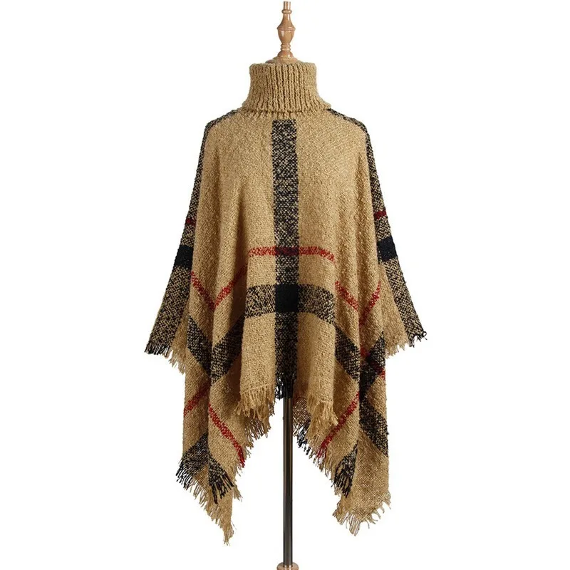 

Poncho Sweater Women Fringed Stripe Knit Pullover Sweaters Cape Coat High Collar Vintage Shawl Scarf Panchos Female Winter
