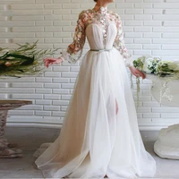 elegant prom dresses lace appliques long evening dress high collar white full sleeves high split flowers formal party gown