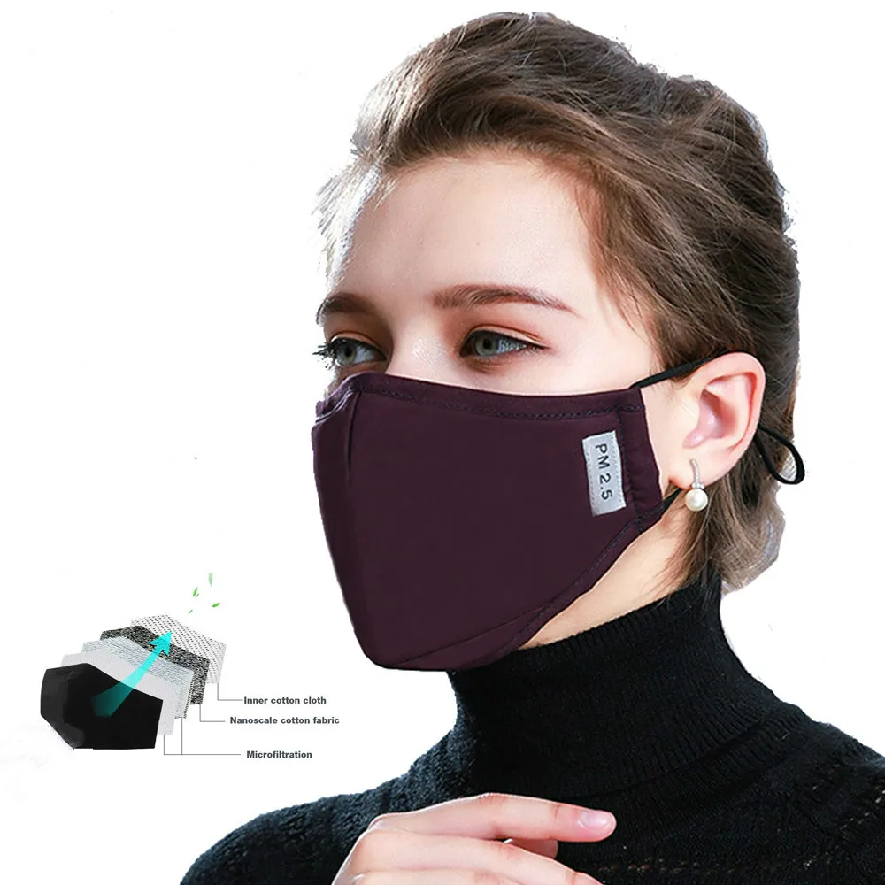 Хлопковая черная маска для лица PM2.5 с 2 фильтром из активированного угля