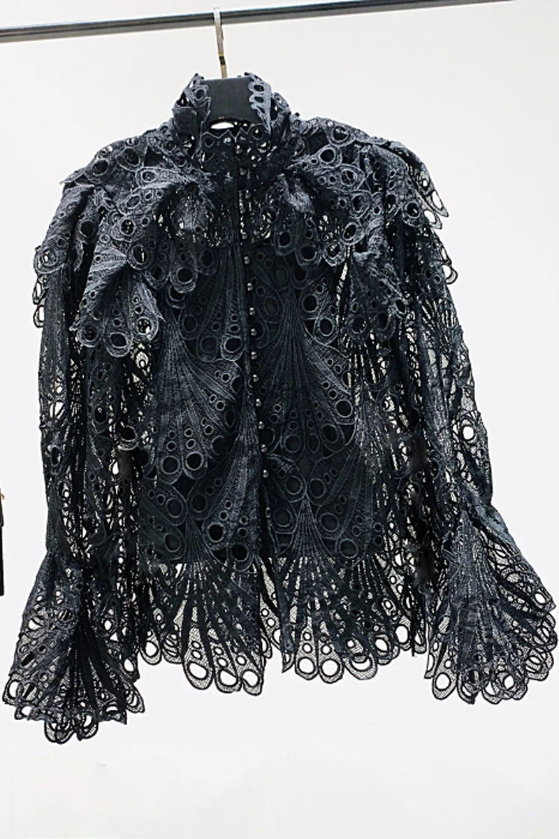 

2021 Vintage Court Style Blouse Women Hollow Out Crocheted Lace Button Up Shirt Female Graceful Stand Collar Ruffled Blusas Tops