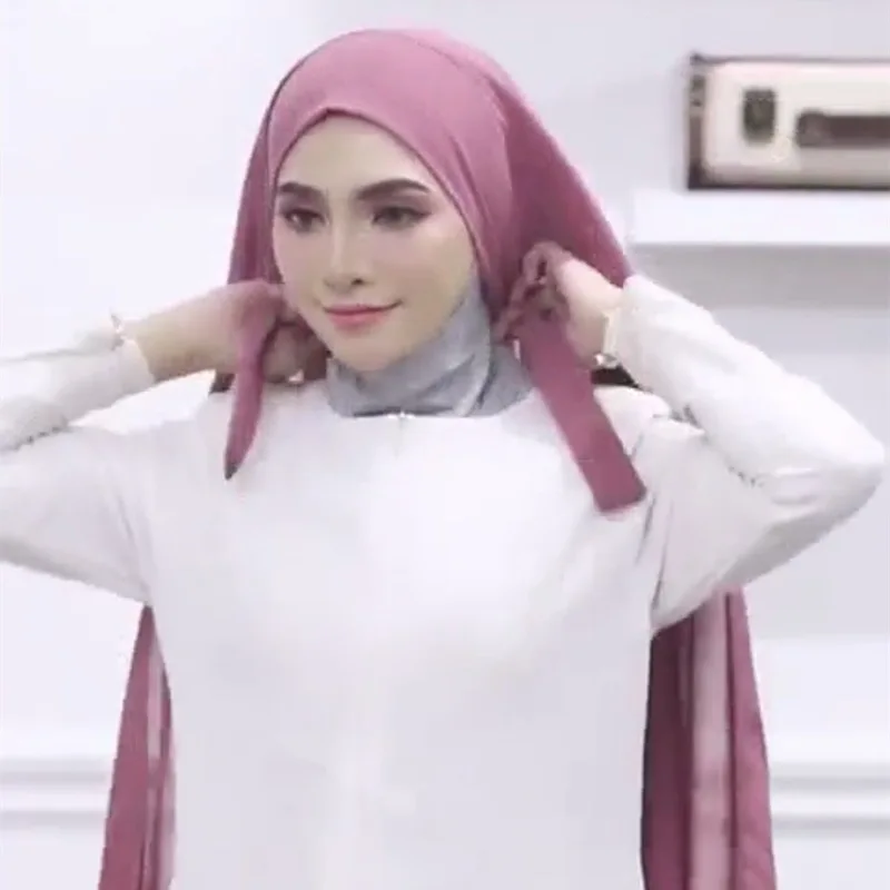 

Fashion Plain Bubble Chiffon With Rope convenient Women's Hijab Wrap Solid Color Muslim Hijabs Scarf Turbanet Headscarf