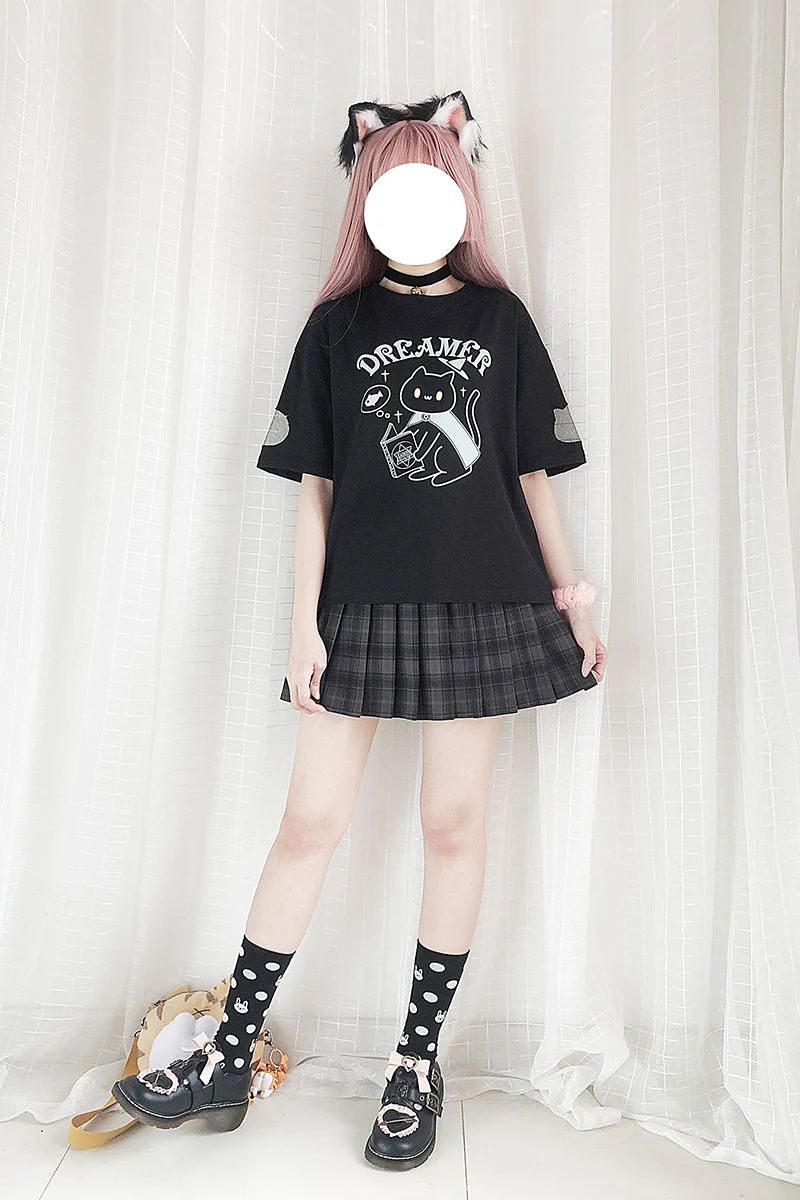 Милая Волшебная черная футболка с котом летняя коротким рукавом топы уличная