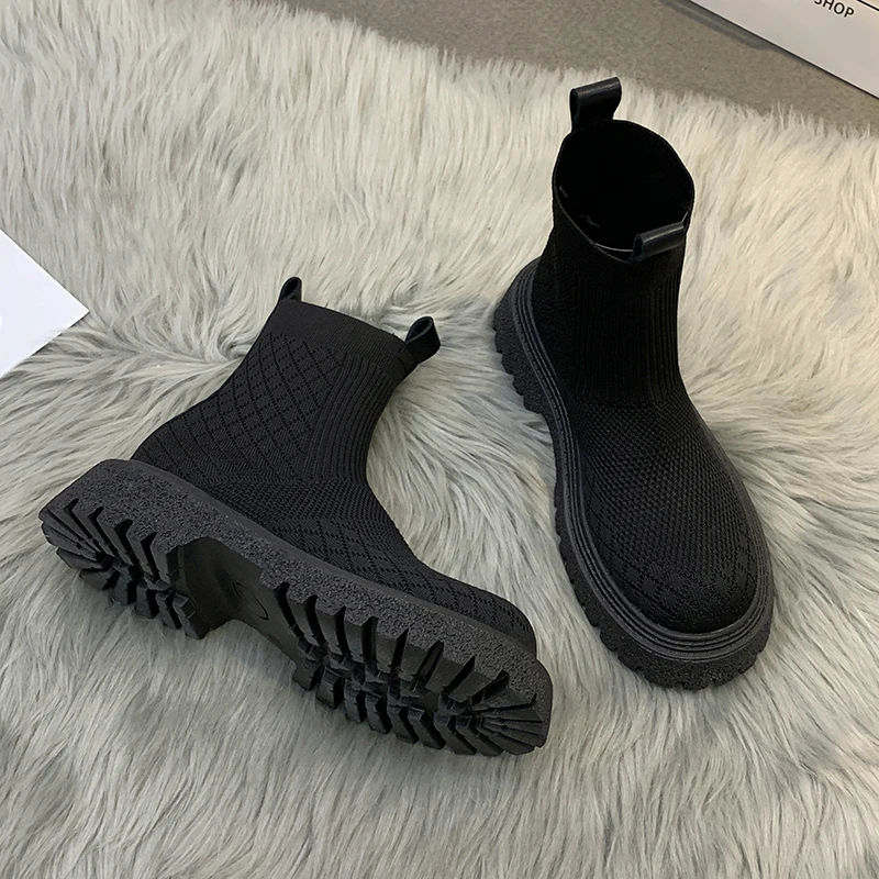 

DLEK Women Short Boots Female Sock Cotton Fabric 2021 Fashion Chunky Heel Casual Shoes Black Elastic Boots Ladies Platform Shoe