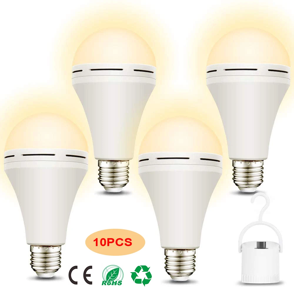 10PCS Rechargeable Emergency Light Bulb Portable 9/12W LED Camping Light Bulb Warm white Light for Camping, Hiking, Hurricane
