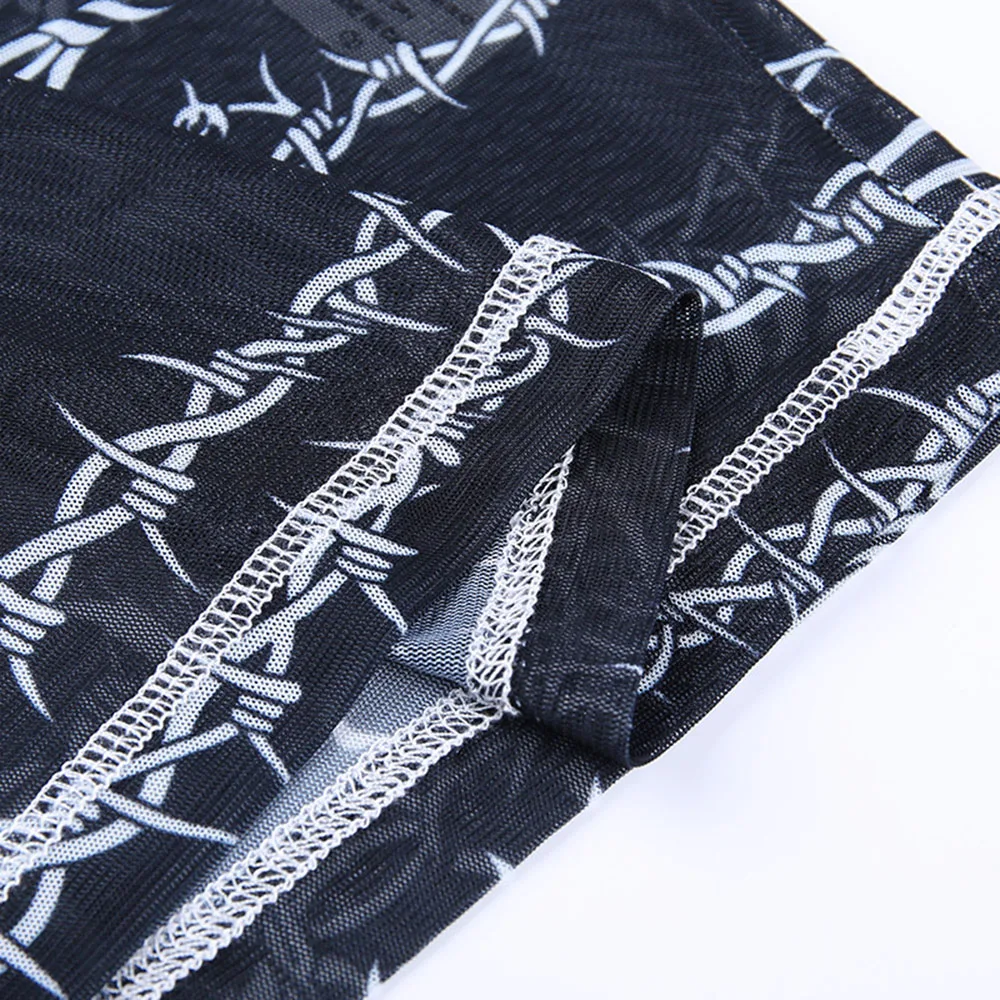 

Western Style Black Witch Slim Perspective T-Shirt 2021 Summer New Fashion Trend Obscure Printing Round Neck Long Sleeve