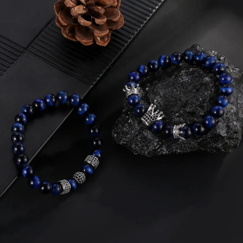 

New High Class Dark Blue Tiger Eye Bead Bracelet Bangle Micro Crown Micro Ball Decorate Set Men Women Fashion Bracelet Gift 2019
