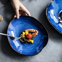 nordic ceramic kiln glaze blue dinner plates irregular shape pottery irregular salad dish plate tableware kitchen accessories