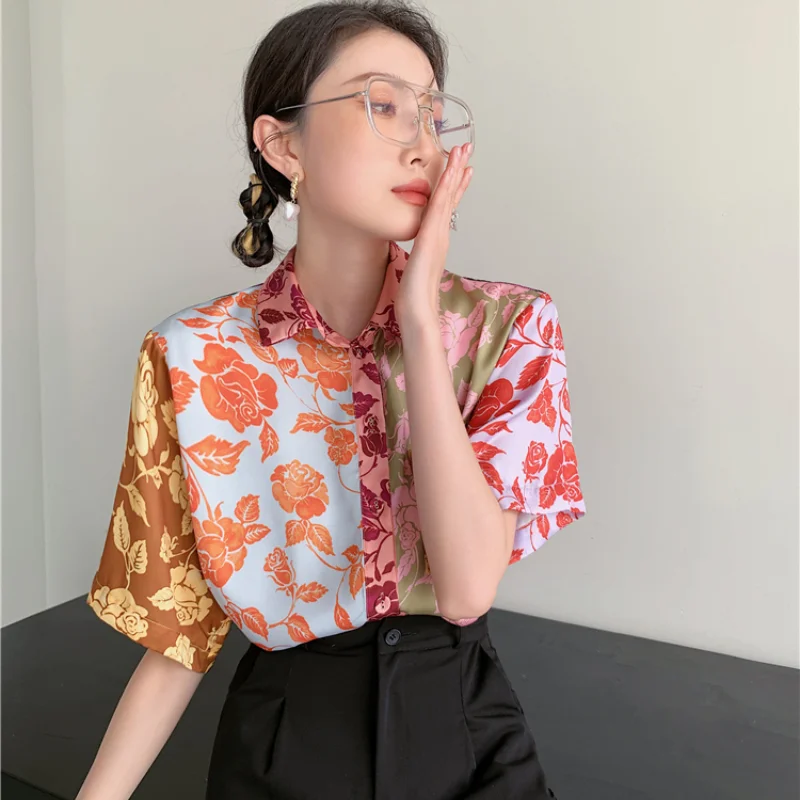 

Kimotimo Print Short Sleeve Shirt Women Ins Patchwork Design Stand Collar Button Up Tops 2021 Summer Fashion Office Lady Blouse