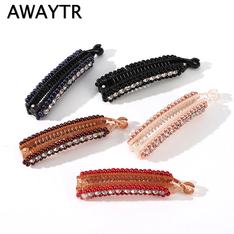

AWAYTR New Twist Clip Ponytail Clip Korean Jewelry Hair Claw Hair Accessories Rhinestone Banana Bead Drain Diamond Banana Clip
